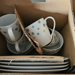 White Dinnerware Set w Multi-Colored Dots