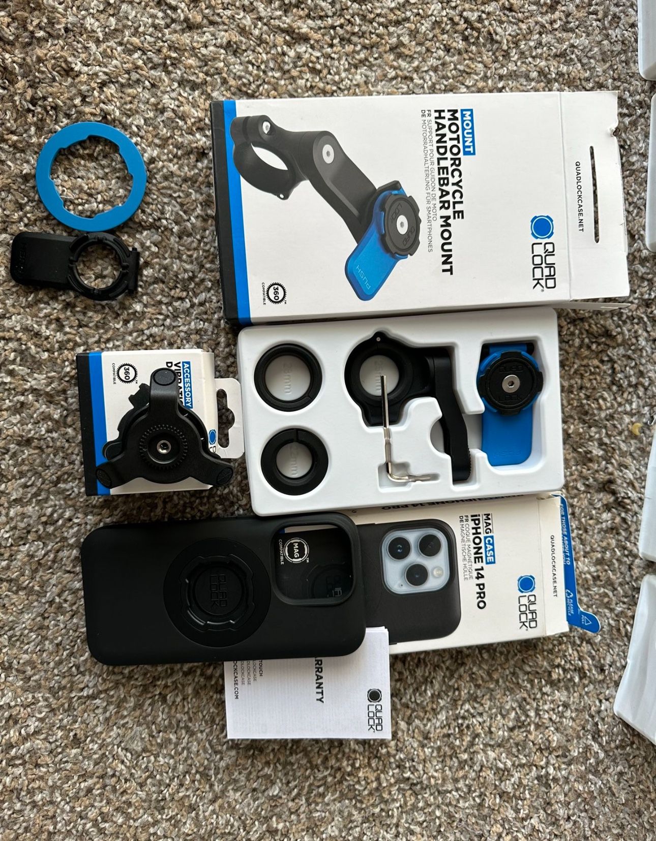 Quad Lock Handlebar Mount and iPhone 14 Pro And Vibration Dampener Combo