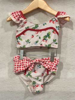 SweetHoney Girls 4T Strawberry Gingham Two Piece Swimsuit Ruffle Lace Bow Set