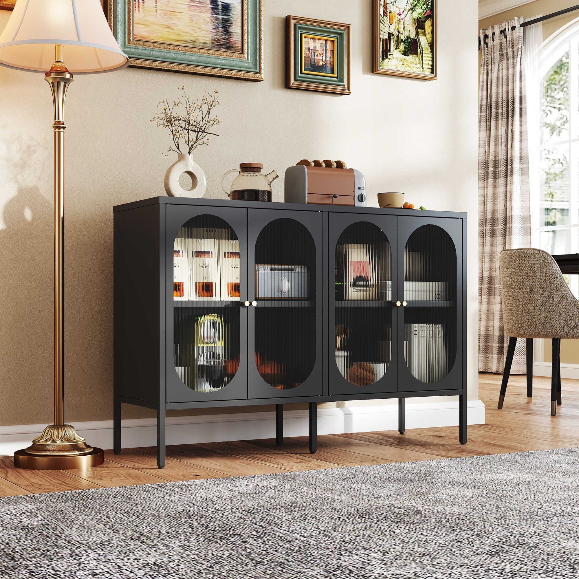 Metal Sideboard Cabinet with 4 Glass Door, Steel Locker Sideboard Buffet Cabinet, Sideboard Buffet Cabinet with 4 Doors, Kitchen Storage Cabinet, Coff