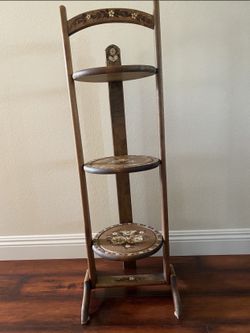 ANTIQUE VINTAGE WOOD 3 TIER INLAID FOLDING STAND