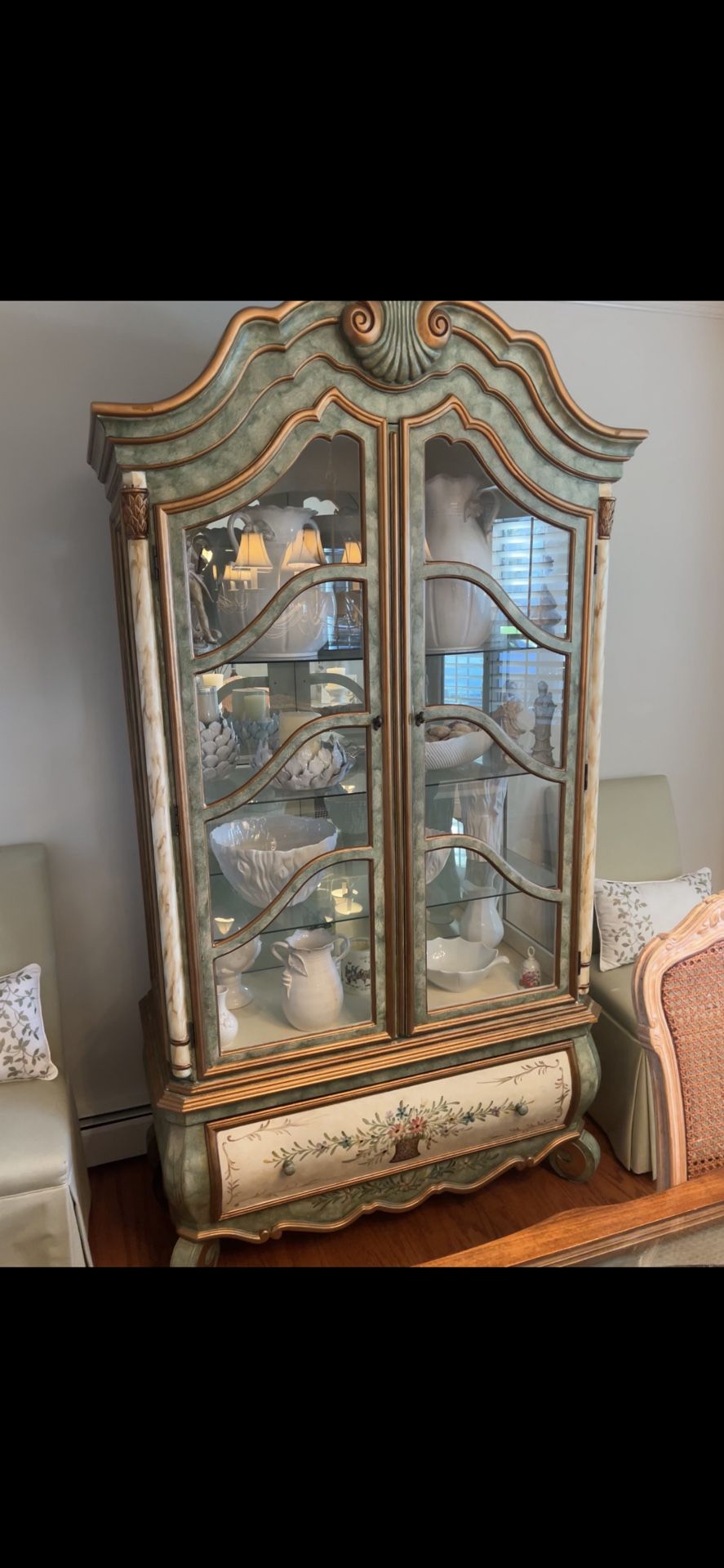 Antique-Style Painted Curio Cabinet with Glass Doors/Shelves and Drawer