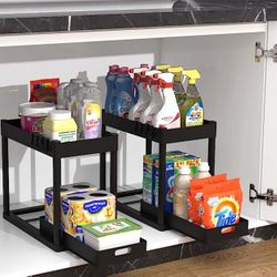  2 Tier Cabinet Basket Organizer Drawer with 4 Hooks