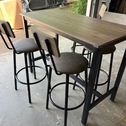 5 Piece Dining Table Set, Bar Table Set With 4 Upholstered Stools, Wooden Backrest, Ring-shaped Footrest
