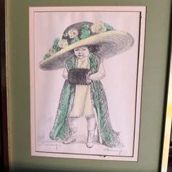 Vintage Hand-Colored Art Print – Child with Floral Hat