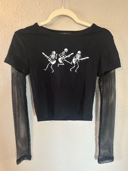 Black Skeleton Graphic Crop Top with Fishnet Sleeves