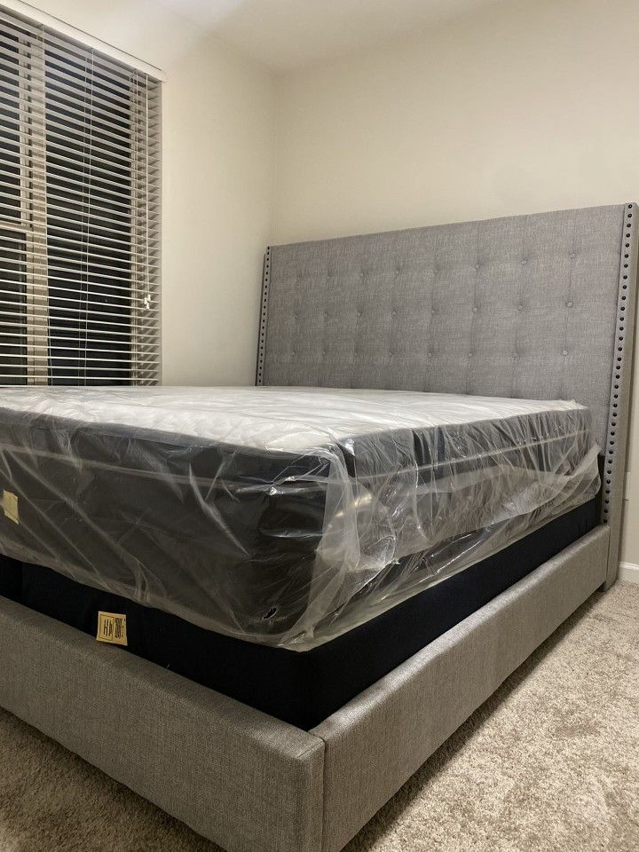 5 FT 11INCH GRAY OR KHAKI COLOR UPHOLSTERED BED FRAME ! KING SIZE $425 QUEEN $385!
