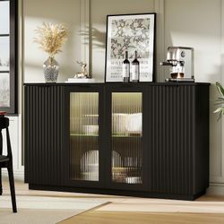 55'' Sideboard Buffet Credenza with Glass Doors LED Light Fluted Adjustable Shelves,Black