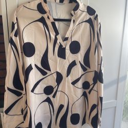 Women's Long Sleeve Blouse 2XL Beige and Black Print