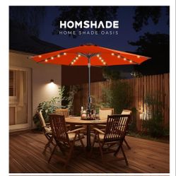 HOMSHADE 9ft Solar Patio Umbrella - Solar Lights LED Lighted Outdoor Market Table Umbrella, UPF50+ UV Protection with Push Button Tilt, Crank for Pool