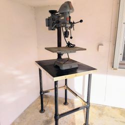 Vintage Atlas Kalamazoo 15-inch Benchtop Drill Press with metal pipe stand