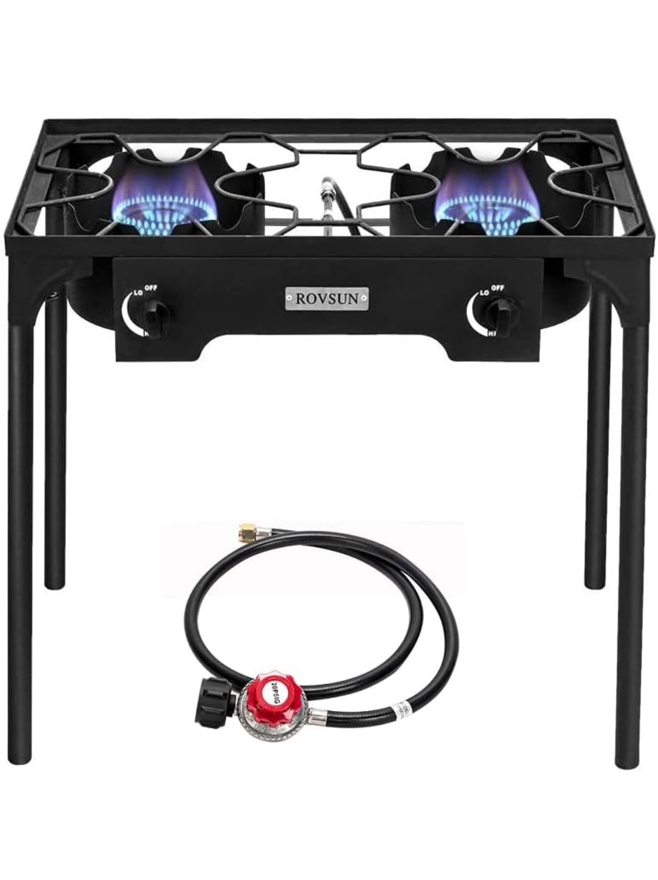 ROVSUN 2 Burner Outdoor Propane Gas Stove with Regulator, High Pressure 150,000 BTU Stand Cooker for Backyard Cooking Camping Home Brewing Canning Tur