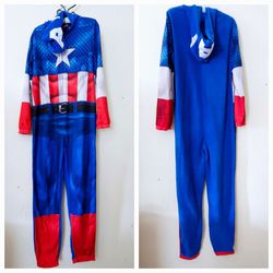 Mens Size S Marvel Captain America Halloween Costume One Piece Hooded Zippered Pajama Suit. 100% Polyester. Pre-owned in excellent condition. No rips,