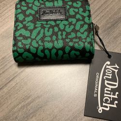 Von Dutch Cheetah Print Zip-up Wallet in green. 