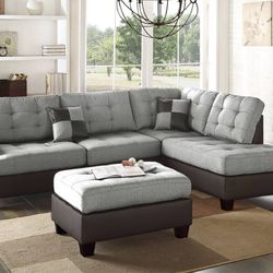 Two Grey/Espresso Reversible Sectional & Ottoman 