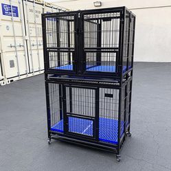 BRAND NEW $250 Stacking Dog Crate 37”x25”x64” Heavy-Duty Cage Folding Kennel w/ Plastic Tray (Set of 2) 