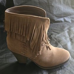 Daily Shoes Angus-01 Leather Brown Ankle Heel Booties w/ Fringe Slip On Sz 7
