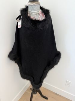 Black  Poncho with Faux Fur Trim
