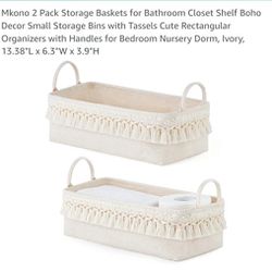 Mkono 2 Pack Storage Baskets for Bathroom Closet Shelf Boho Decor Small Storage Bins with Tassels Cute Rectangular Organizers with Handles for Bedroom