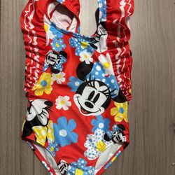 Disney Baby Minnie Mouse 12M Red Tropical Print Ruffled One-Piece Swimsuit