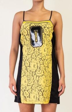 Rehab Jersey Shift Dress With Front Lace/Number 0 Sequins, Yellow Size Small.