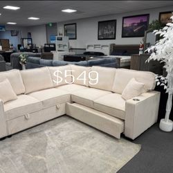 Sectional Sofa With Pull-out Bed & Storage Ivory Corduroy 