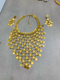Gold Tone Coin Fringe Bib Necklace & Matching Dangle Earrings Jewelry Set