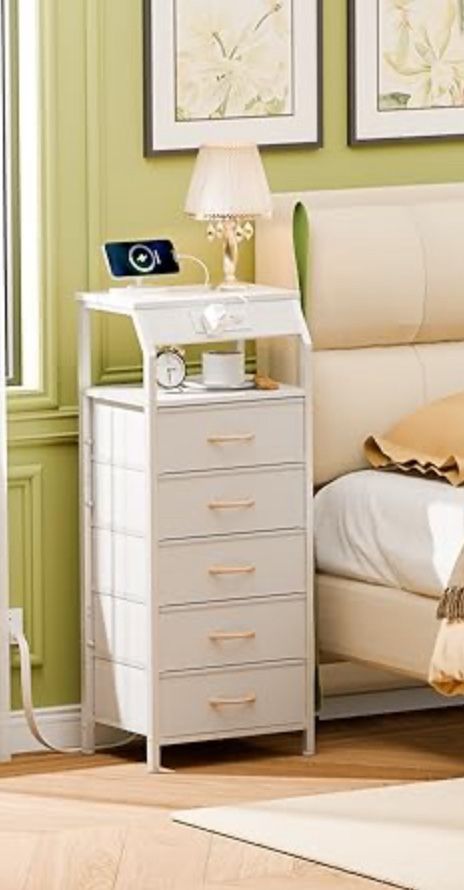 5 FABRIC Drawers Top Wood Dresser Storage with Charging Station Outlets and USB Ports Size Length 16", Width 12", Height 43" New Condition Assembled