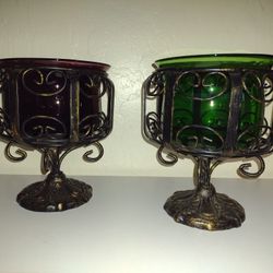 2 Hand Blown Glass Candle Holders Wrought Iron Pedestal Stand 