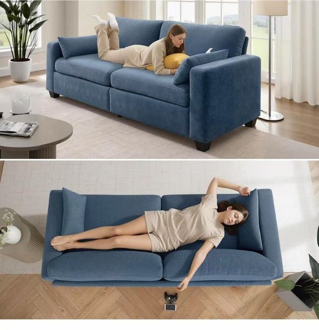 Loveseat Sofa for Living Room, Removable Cover, Spring Cushions, Solid Wood Frame, Wide Armrest, Chenille Fabric Recliner Couches for Small Space (Blu