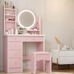 Pink Vanity Set with Round Lighted Mirror, Makeup Vanity Bedroom Dressing Table with 5 Drawers, Shelves, Dresser Desk and Cushioned Stool