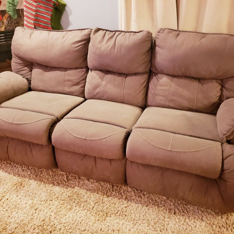 Microfiber Reclining Couch/Sofa, Brown, With Pull-down Table And Cupholders
