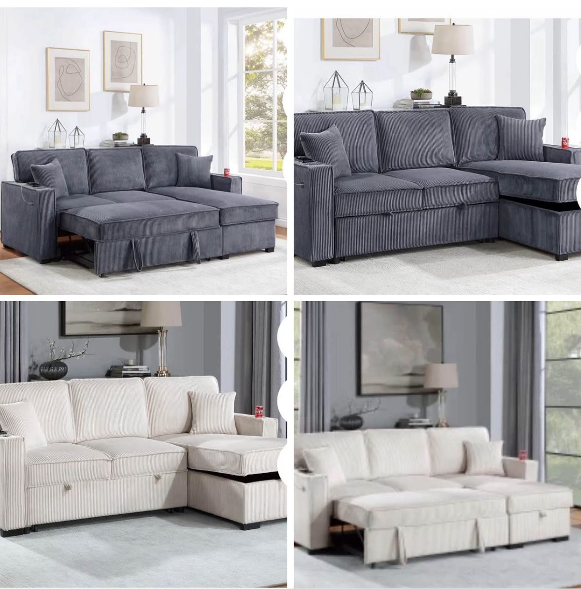 $369. 2-PCConvertible Sectional Sleeper Sofa W/ Cupholder Sofa Storage & USB Ports 89”x 59”X36”H