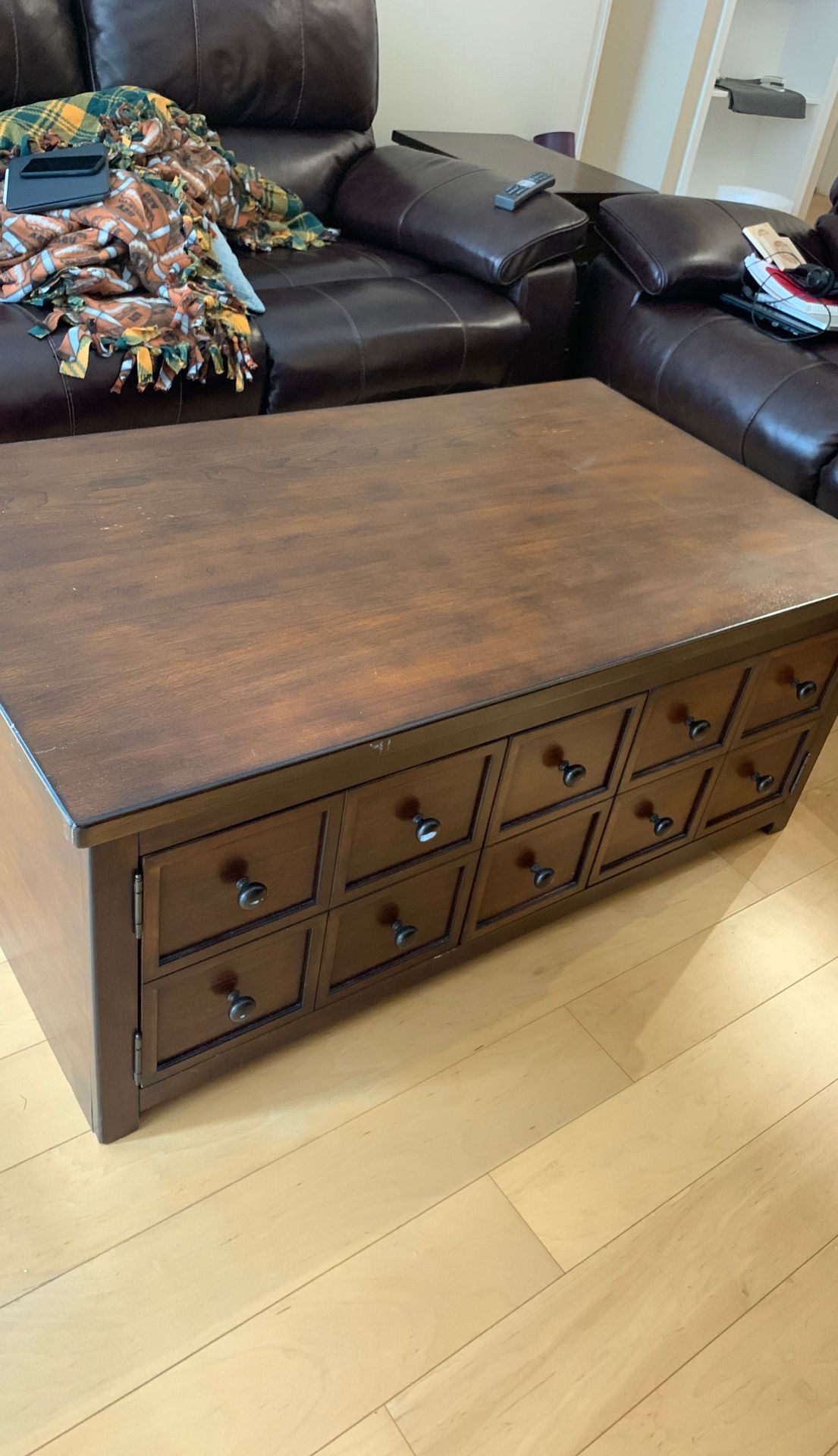 Brown Wood Coffee Table + End Table