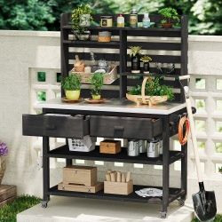 K&K 64.9"H Outdoor Potting Bench Table with Lockable Wheels, Solid Wood Outdoor Kitchen Island with Upper Hutch, Stainless Steel Top, Towel Rack ,Outd