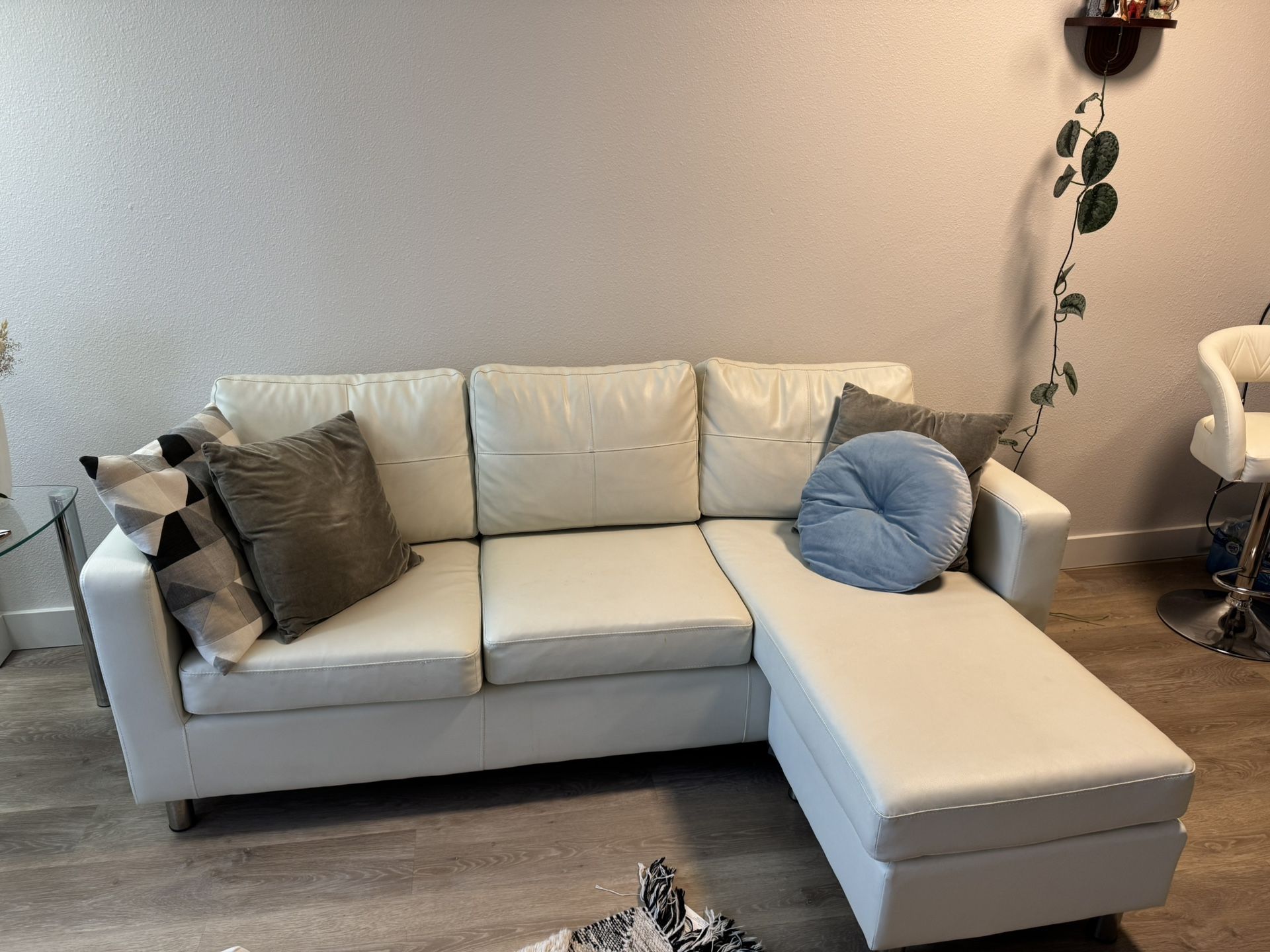 White Leather Convertible Chaise Couch