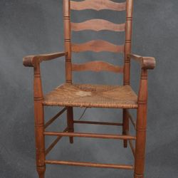 Antique Traditional Slat Back Armchair With Woven Rush Seat
