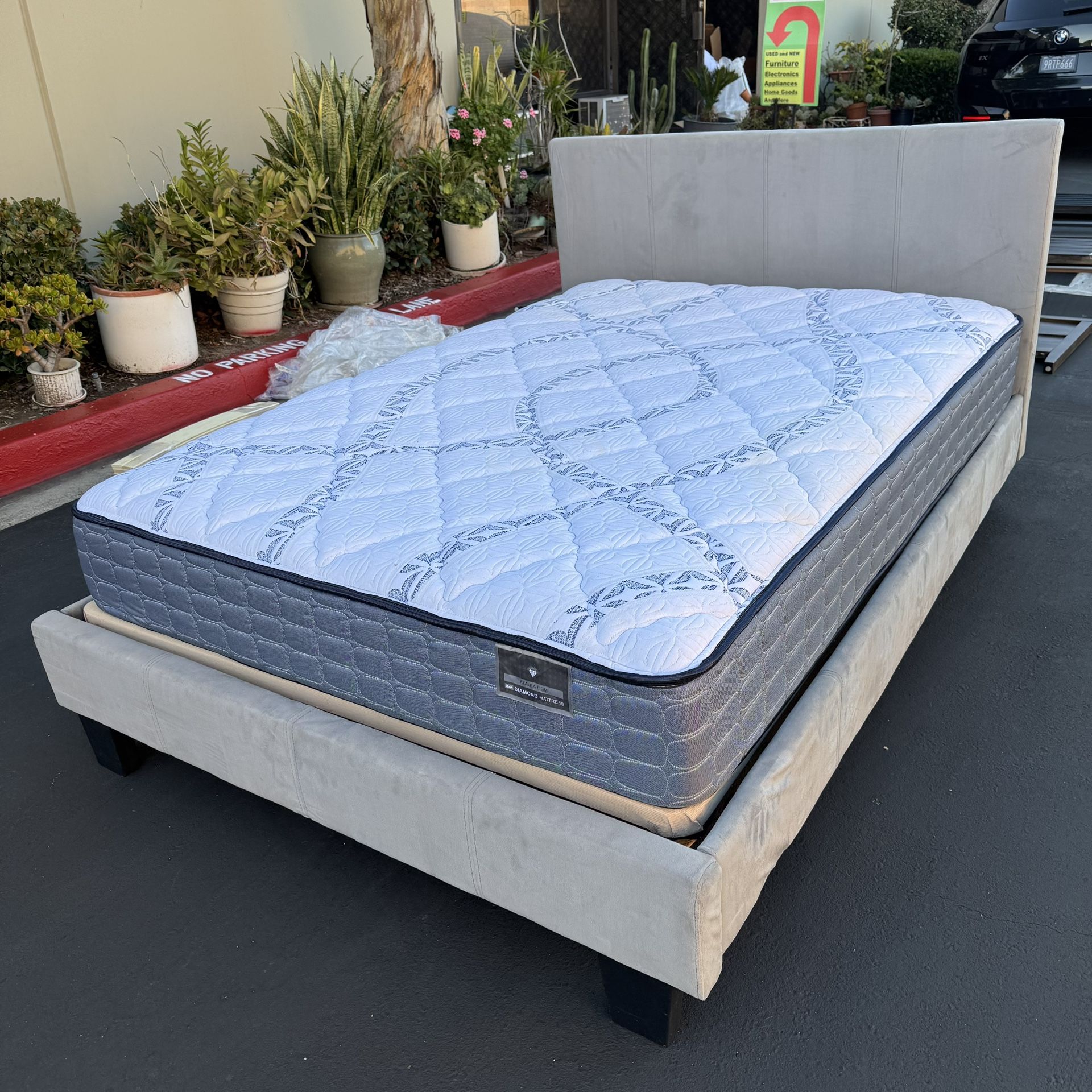 Full Size Upholstery Gray Bed Frame with Mattress and Box Spring Clean and Good Condition 