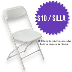 New White Folding Plastic Party Chair 800 lbs capacity 1 yr warranty silla blanca nueva de plastico para fiestas escuelas iglecias 