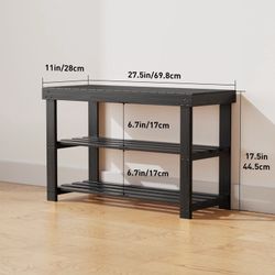 3-Tier Black Wood Shoe Rack Bench