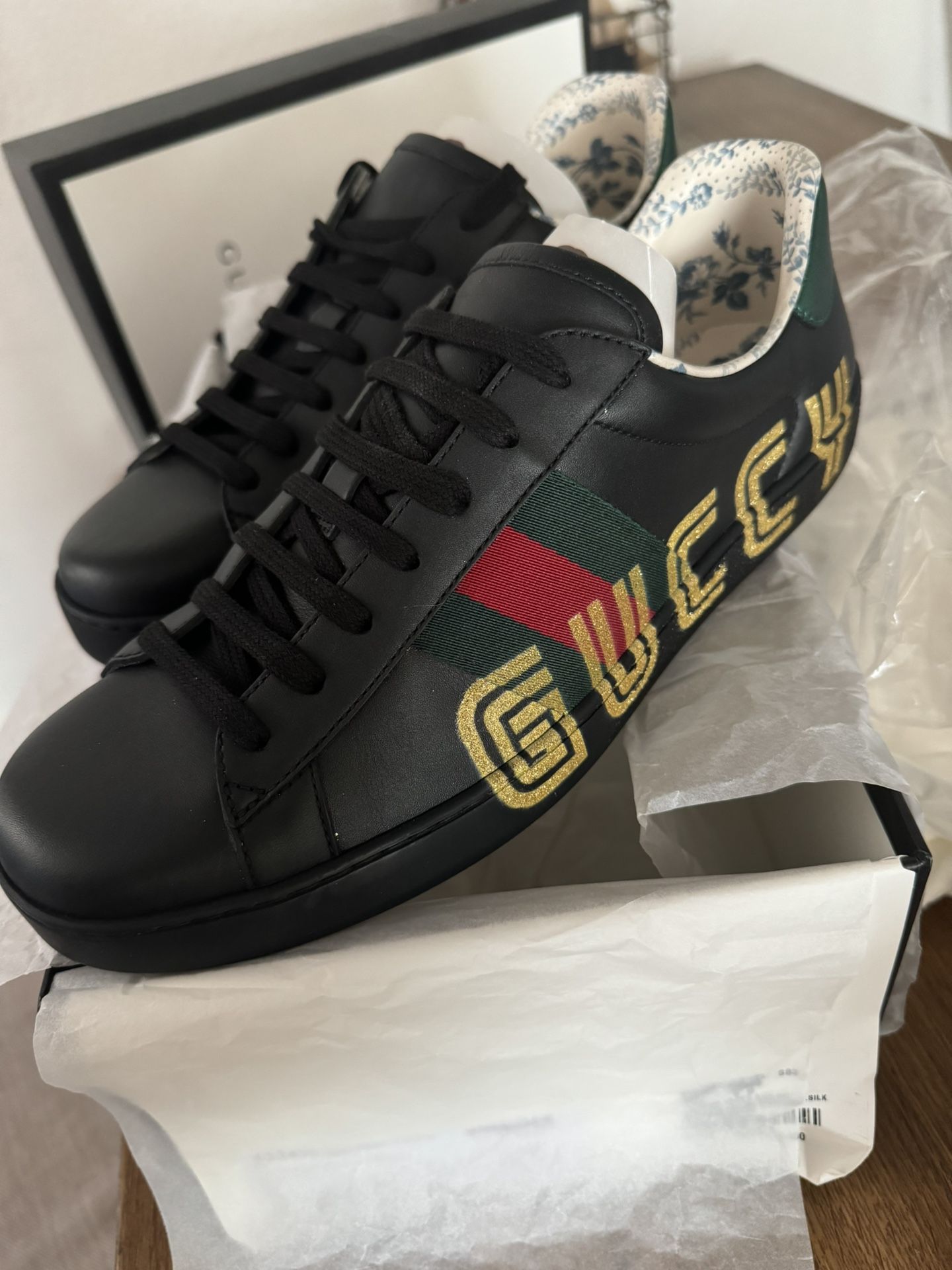Gucci Ace Mens Guccy SEGA print Black Leather Sneakers / Tenis Gucci de hombre 9.5