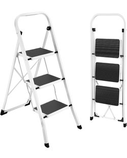 Folding step ladder for adults with non-slip pedal, 330 lb capacity, for kitchen and home use, white.