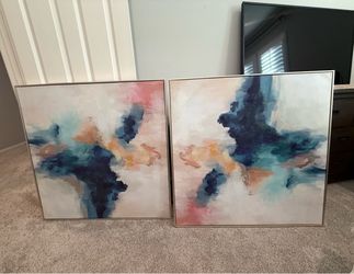 Set of 2 Large Abstract Framed Canvas Paintings – Navy, Blush & Gold