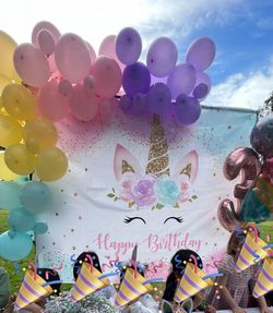 Unicorn themed kids birthday party banner used 