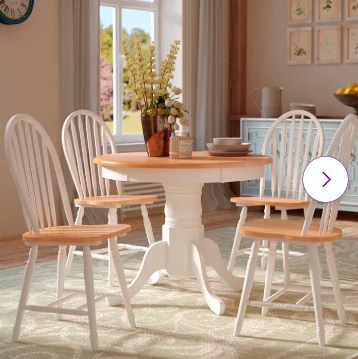 Country 45" round Dining Table, 4 Chairs, 15” Center Leaf