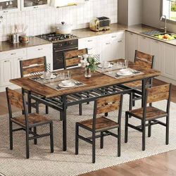 7-Piece Dining Table Set, Extendable Foldable Table with 6 Chairs, Industrial Style Kitchen Set with Storage Shelf, Metal Frame Furniture for Dining R