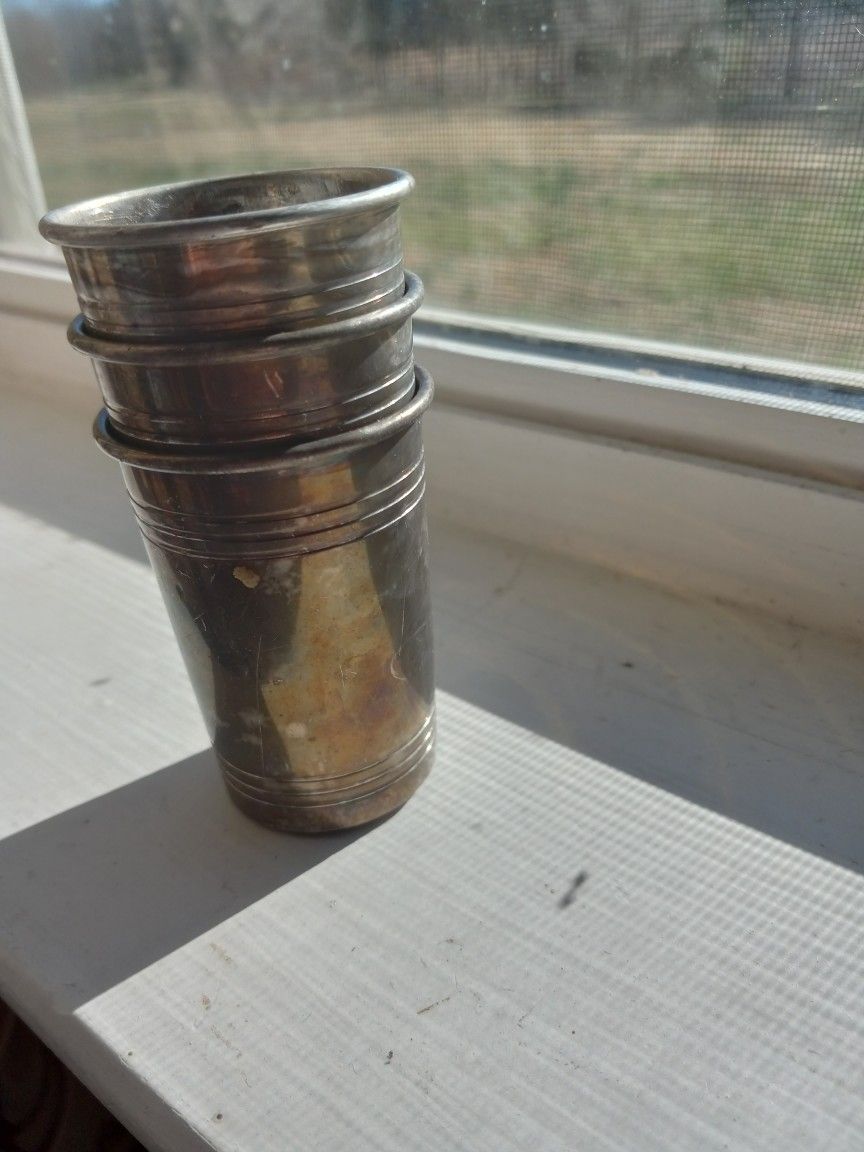 3 Antique Pewter Shot Glasses 