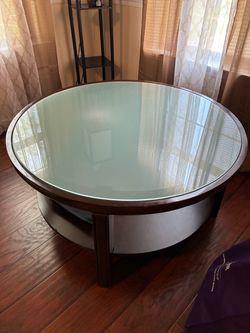 Round Antique Wooden Glass Top Coffee Table with Storage