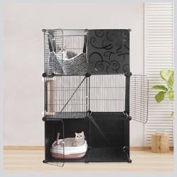 NEW! 3 Tier Cat Cage, DIY Cat Cages Indoor Enclosure Playpen with Litter Box, Detachable Metal Wire Pet Kennels Crate with Large Hammock, Bed, Stairs,