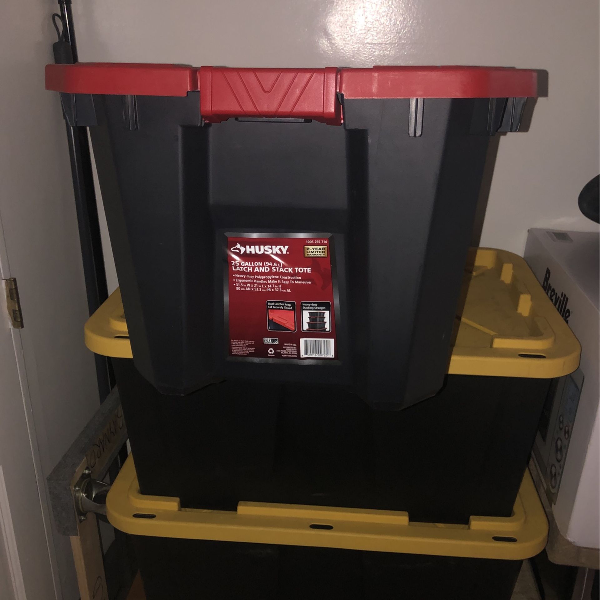 Husky 25 Gal. Latch and Stack Tote in Black with Red Lid 206199 - The Home  Depot